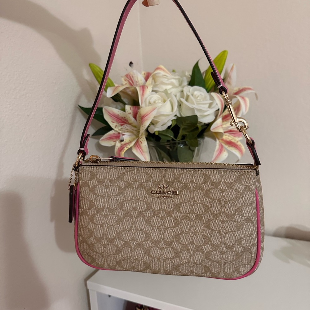 Coach Cream and Pink Shoulder Bag with Monogram Pattern and Thin Strap